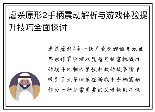 虐杀原形2手柄震动解析与游戏体验提升技巧全面探讨