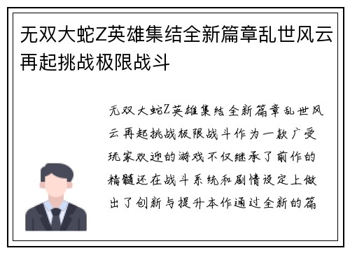 无双大蛇Z英雄集结全新篇章乱世风云再起挑战极限战斗